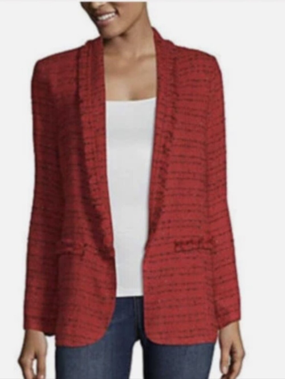 Worthington Red and Black Textured Lightweight Tweed Open-Front Blazer Sz XXL